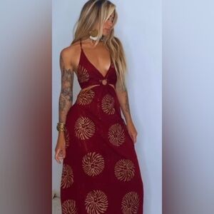 Red and Gold Halter Maxi Dress